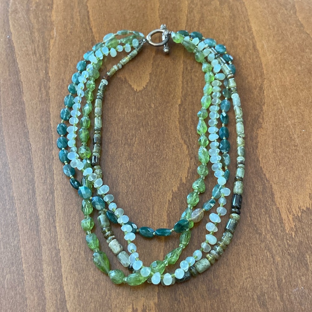 Artisan made 4-strand necklace-mossy agate, other agate, quartz & maybe peridot.